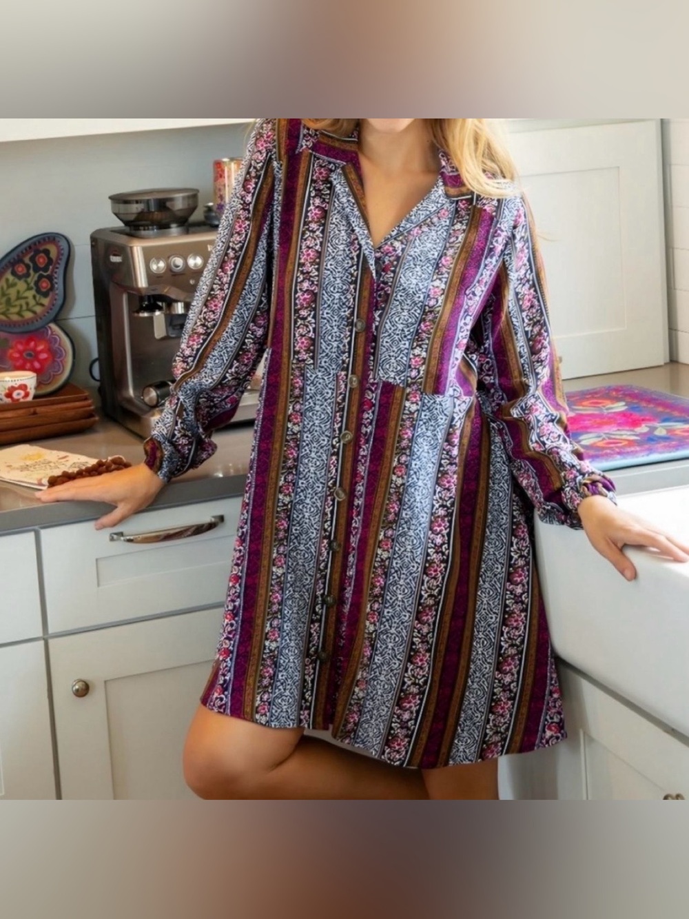 Natural Life Ansley Woven Tunic Dress Boho Geometric Striped Collared Shirt XL